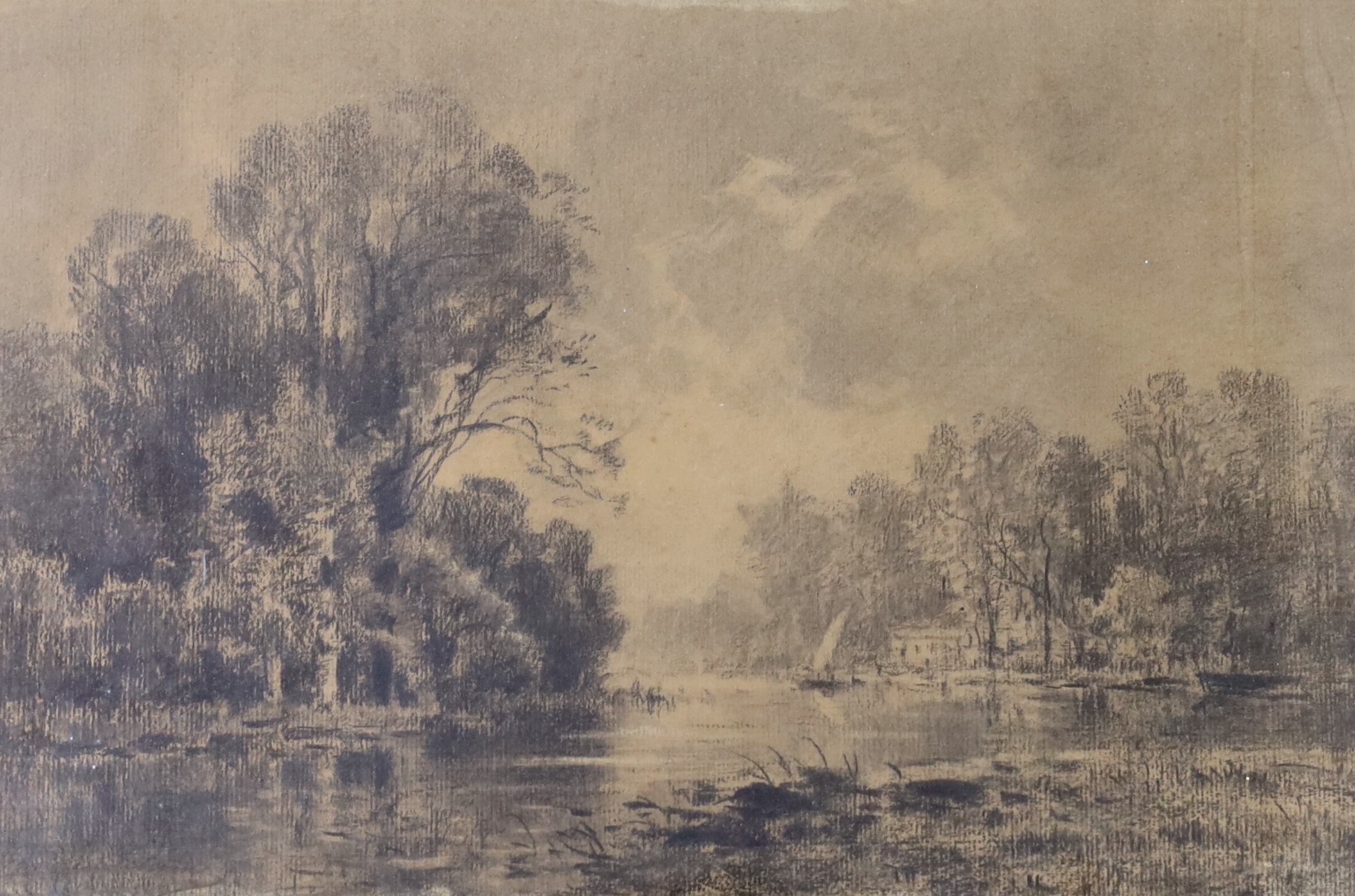 Maxime Lalanne (1827-1886), charcoal on paper, River landscape, label remnant verso, 28 x 41cm